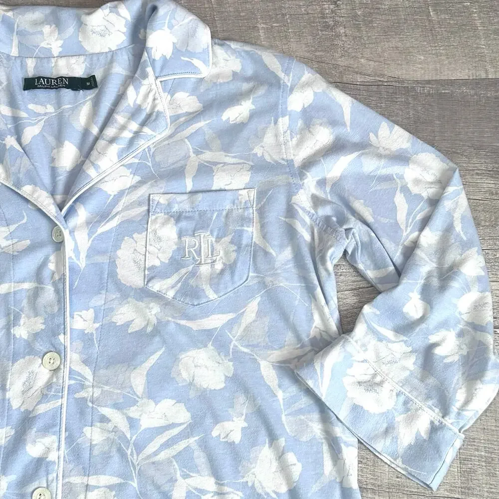 Lauren Ralph Lauren Floral Long Sleeve Sleep Shirt M Blue White Monogram Pocket - Picture 3 of 8